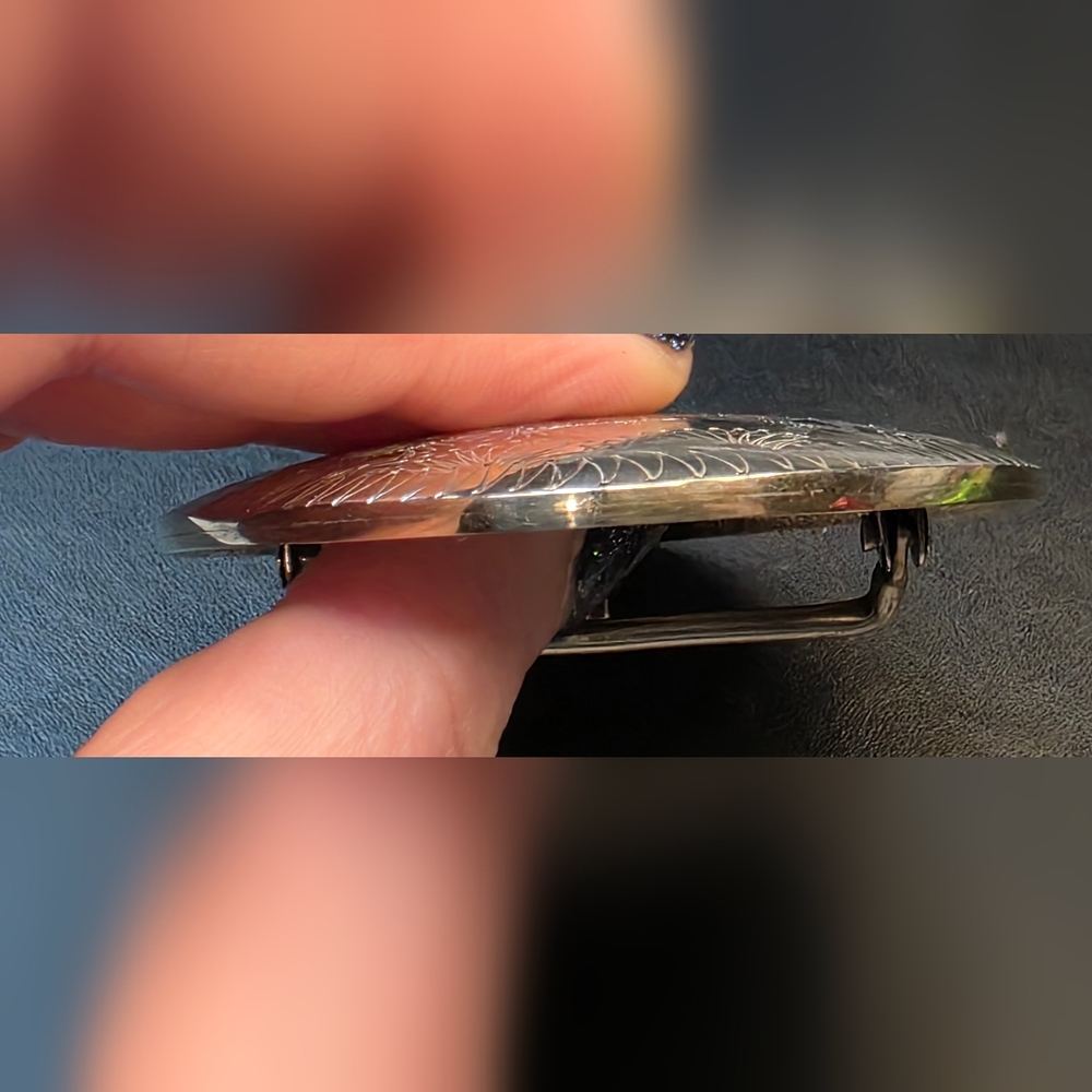 Pheasant/Bird Turquoise Coral Wood Mixed Stone Inlaid Mark HSS Etched BeltBuckle - Picture 10 of 14